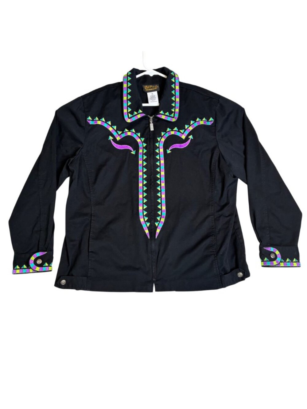 Bob Mackie Wearable Art Western Jacket Black Embroidered Multicolor Zip Sz 1X - Picture 2 of 10